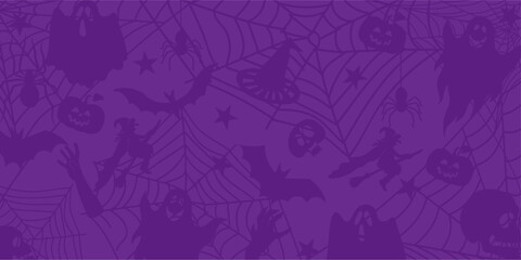 Purple Halloween Pattern with Bats, Spiders, and Witches on Seamless Background vector illustration