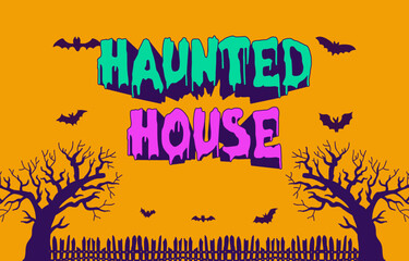 Haunted House Halloween Illustration with Dripping Text and Bats vector illustration