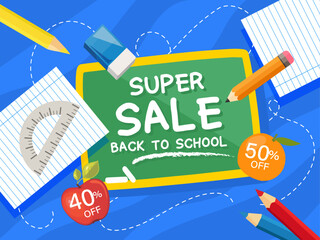Back to School Super Sale Illustration with School Supplies vector illustration