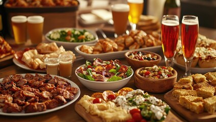 A table filled with delicious snacks: small plates with various salads and pizza slices, small glasses filled with beer or wine, a bowl of ravioli pasta on the side, surrounded by other dishes 