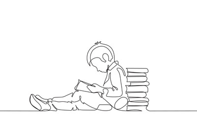 Child Reading Book One Line Drawing Illustration vector illustration