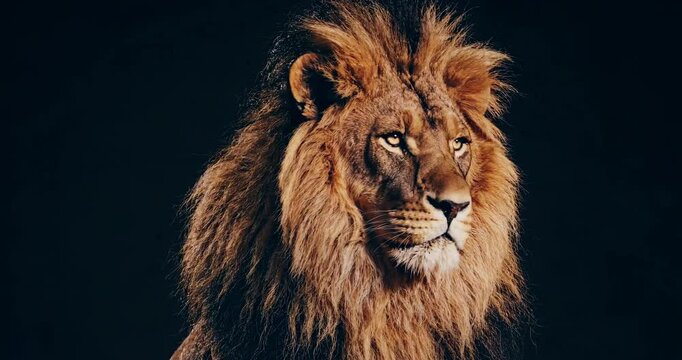 Majestic Lion with Intense Gaze and Powerful Mane in a Dramatic Portrait on a Dark Background