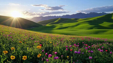 Fototapeta premium Breathtaking landscape with vibrant flowers and rolling green hills at sunset