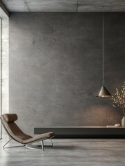 Modern minimalist living room with concrete wall and lounge chair
