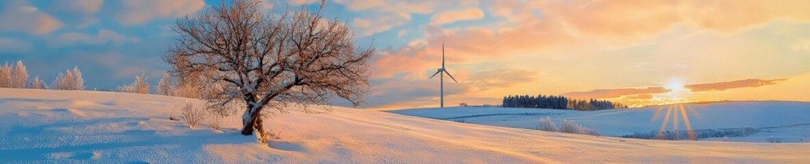 A snow-covered field with a wind turbine standing tall in the distance.
