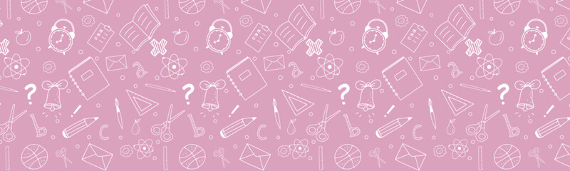 White School Supplies Doodle Pattern on Pink Background vector illustration