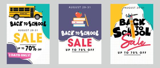 Back to school sale banners, card, poster set with school supplies