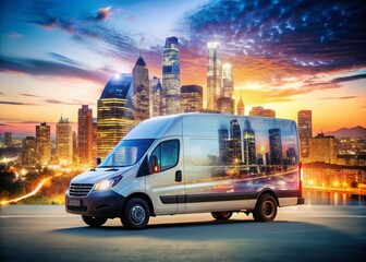 Double Exposure Truck Van Cityscape - Urban Delivery Stock Photo