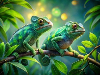 Fototapeta premium Double Exposure: Vibrant Green Chameleons on Lush Branch