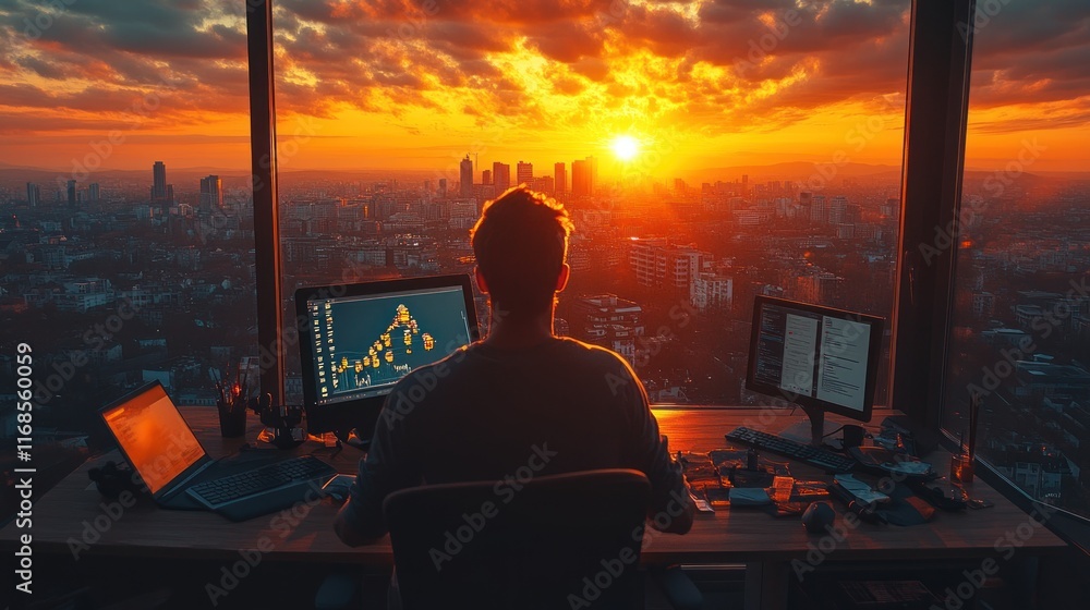 Aufkleber man working at desk with computers overlooking sunset city view.