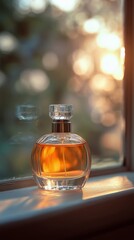Golden hour light illuminating a perfume bottle on a windowsill