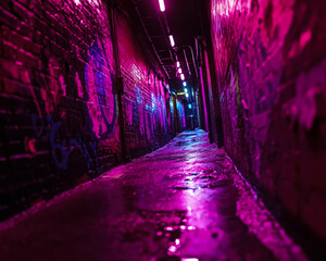 A long, narrow hallway with graffiti on the walls and neon lights