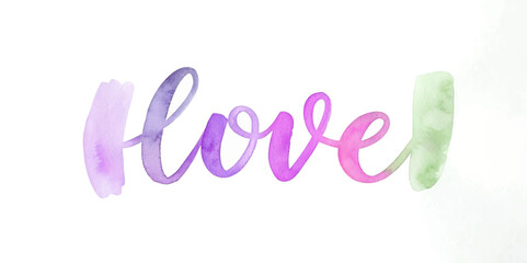 Colorful watercolor love text, artistic design, vibrant hues, romantic theme, decorative element, expressive typography.