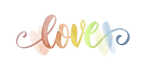Colorful watercolor love, artistic lettering, vibrant hues, romantic design, creative expression, modern decor.