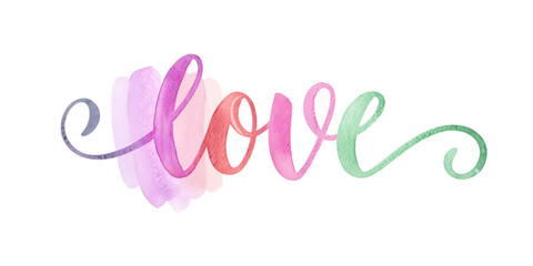 Colorful watercolor love design, artistic lettering, romantic theme, vibrant hues, creative expression, decorative art.