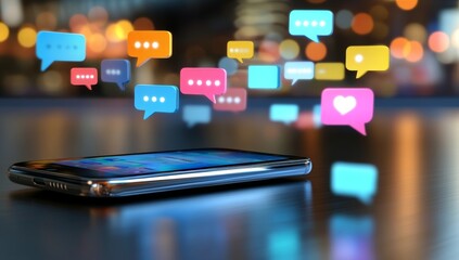 3D smartphone with social media icons and speech bubbles