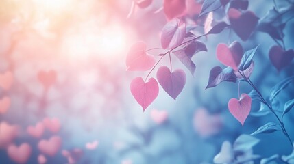 Obraz premium Soft Focus Heart-Shaped Leaves on a Gentle Blue and Pink Background