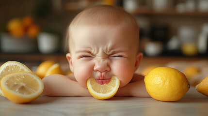 Cute little baby with lemon on table in kitchen, closeup