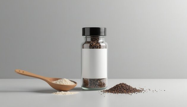 Mockup Salt Jar on white background with pepper grinder and spoon. Packaging template mockup