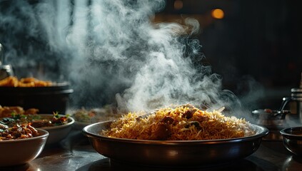 Cinematic, realistic food photography of biryani, with a side view and other dishes in the background.