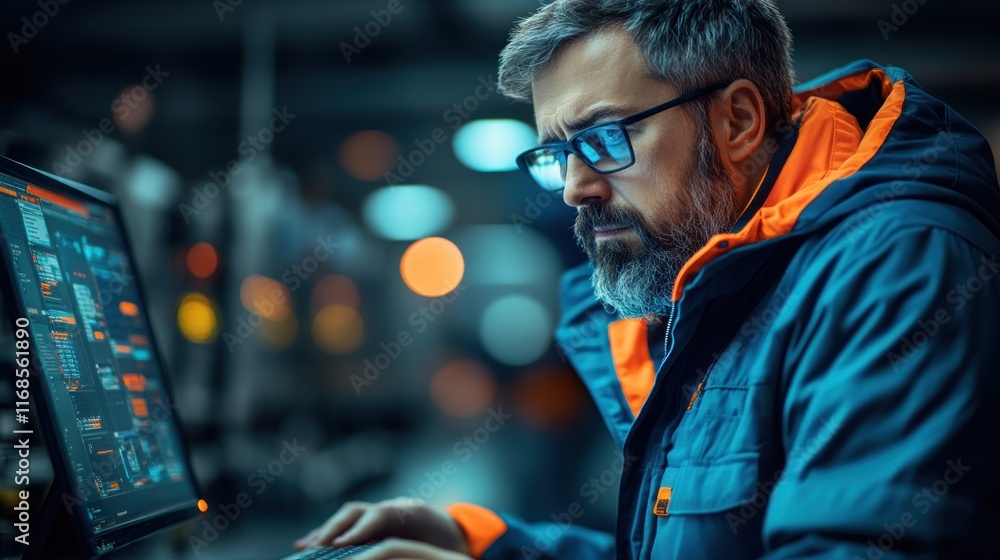 Poster engineer working on computer in factory.
