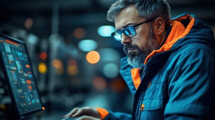 Engineer working on computer in factory.