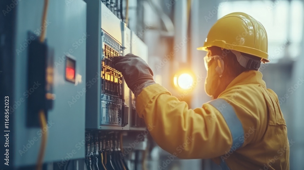Poster engineer working on control panel in factory.