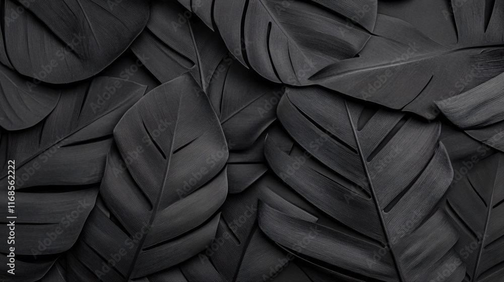 Poster black tropical leaves lying flat on dark background for textures and patterns usage