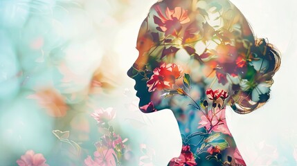 Fototapeta premium Double exposure of beautiful woman and blooming flowers on floral background with bokeh. Template of a girl's face in profile with a floral texture. The concept of female beauty and health.
