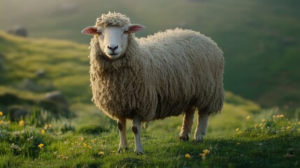 Fototapeta premium Sheep standing on green grass in a sunny pasture surrounded by trees and distant buildings