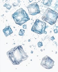 Obraz premium Falling ice cubes with water splash on white background.