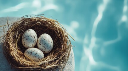 Obraz premium Nest with speckled eggs resting in soft straw near tranquil blue water under gentle sunlight
