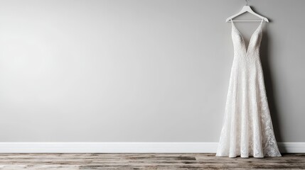 Elegant White Wedding Dress Hanging on a Wall with Simple Background and Wooden Floor for Bridal Photos
