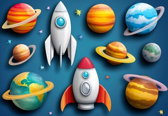 Cartoon space-themed illustration with planets and rockets on blue background for greeting card or poster