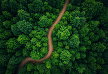 Aerial view of a lush, green forest canopy with a winding dirt path running through it