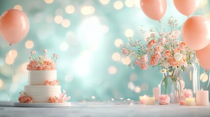 Celebration event with soft pink balloons and floral cake festive venue with elegant decor delicate atmosphere for special gatherings