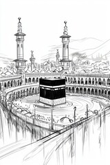 Simple Black and White Drawing of Kaaba in Mecca, Minimalistic Ink Sketch