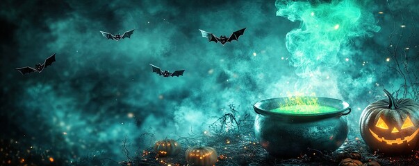 Halloween banner with a cauldron, green glowing fire, and pumpkins on a dark background.