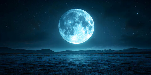 Huge blue moon over a dark, flat landscape at night.