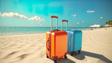 colored travel suitcase on wheels against a beach and a serene sea, tourism and vacation concept at sea, travel