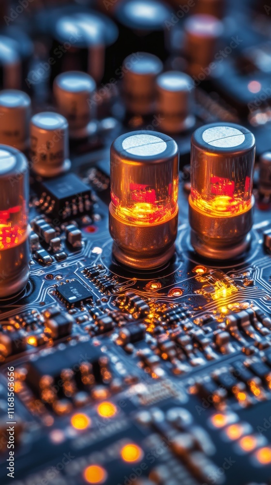 Poster close-up view of a glowing circuit board with intricate connections and illuminated components
