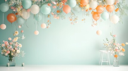 Elegant pastel balloons floating in a softly lit room perfect for celebrations photography creative spaces serenity indoor ambiance