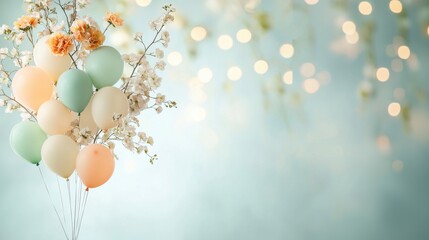 Joyful celebration with elegant pastel balloons softly lit room floral arrangements cozy environment intimate viewpoint festive atmosphere