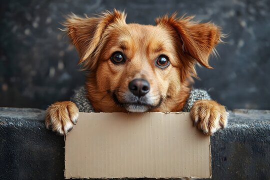 Playful Puppy Holding Blank Cardboard Sign with Floppy Ears and Curious Expression