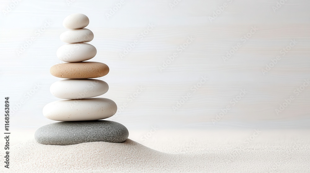 Poster zen stack of smooth river stones balanced on a soft sandy surface in minimalist calm environment