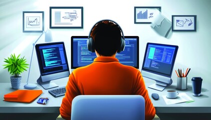 Flat Illustration of Person Working at Desk with Headphones, Orange Shirt, and Framed Pictures