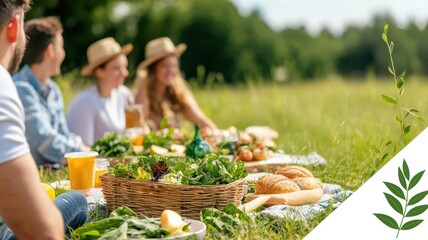 Wellness & health lifestyle concept. Picnic gathering with food and drinks in a sunny outdoor setting.