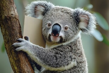Obraz premium Sleepy Koala Clinging to Tree Branch Holding Blank Cardboard Sign