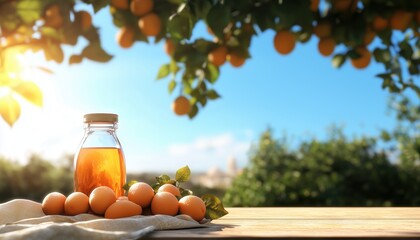 Ramadan concept. Jar of orange juice with fresh oranges under a sunny tree.