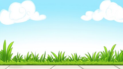 Bright and Vibrant Grass with a Clear Blue Sky and Fluffy Clouds in the Background